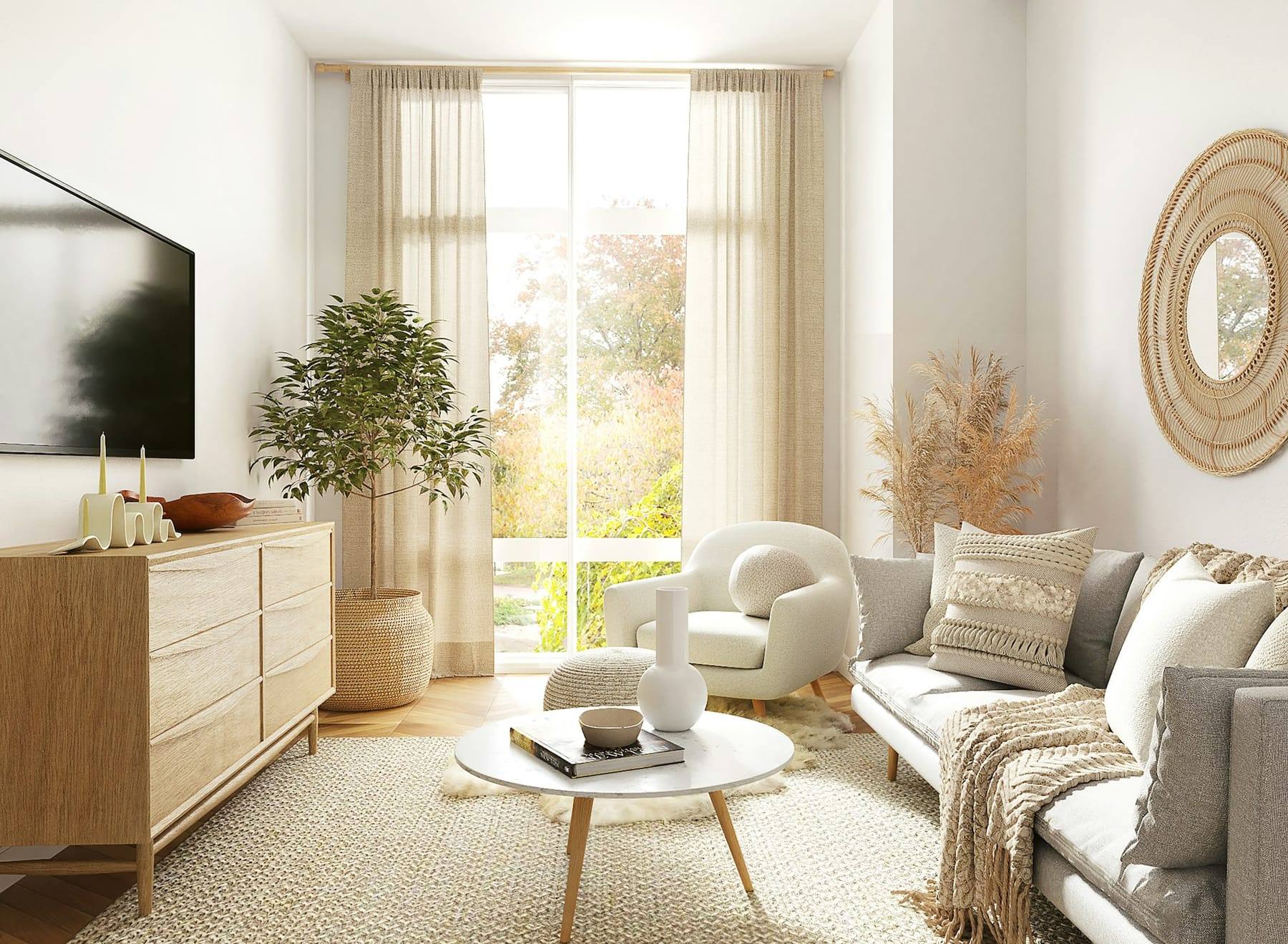 Sunlit living room with a cream sofa, wooden furniture and plants