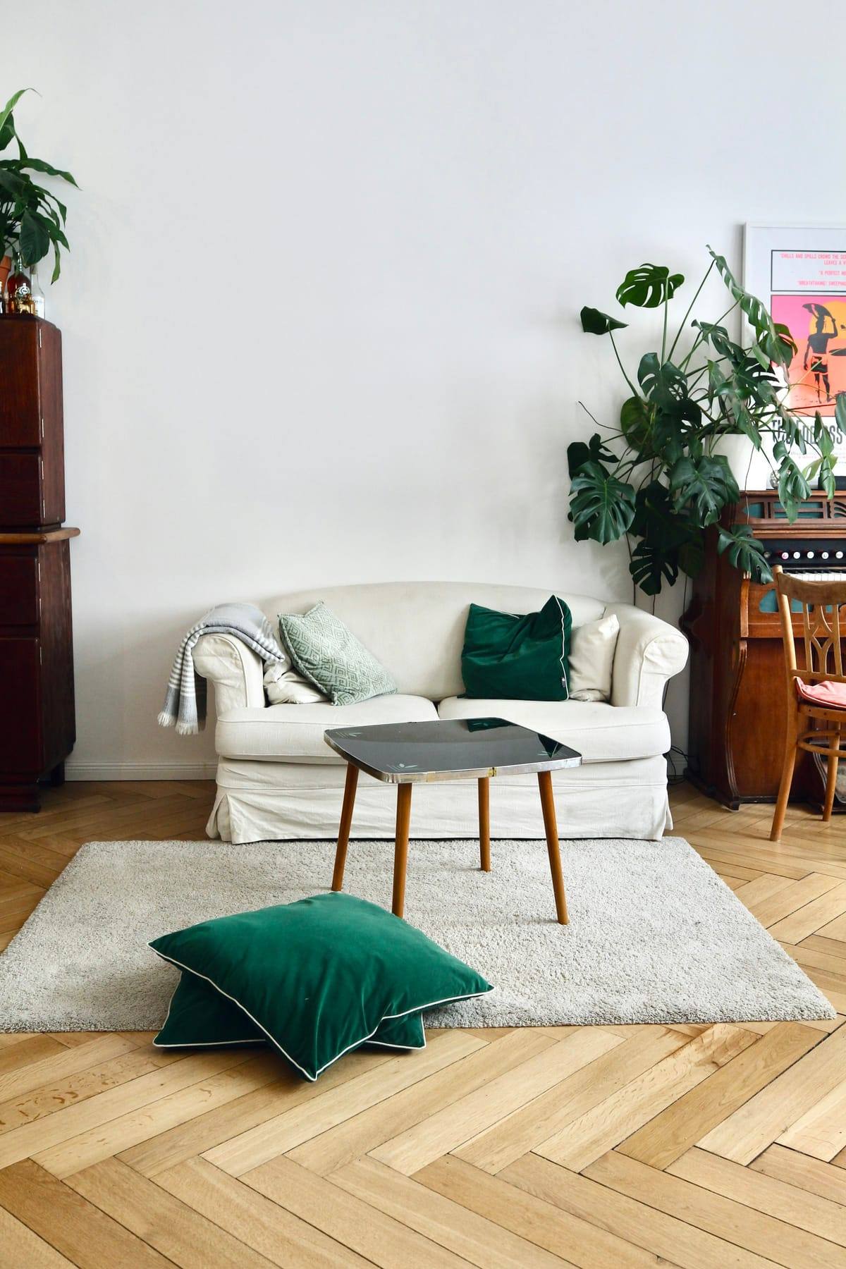 Bright living room with a white sofa and sage cushions